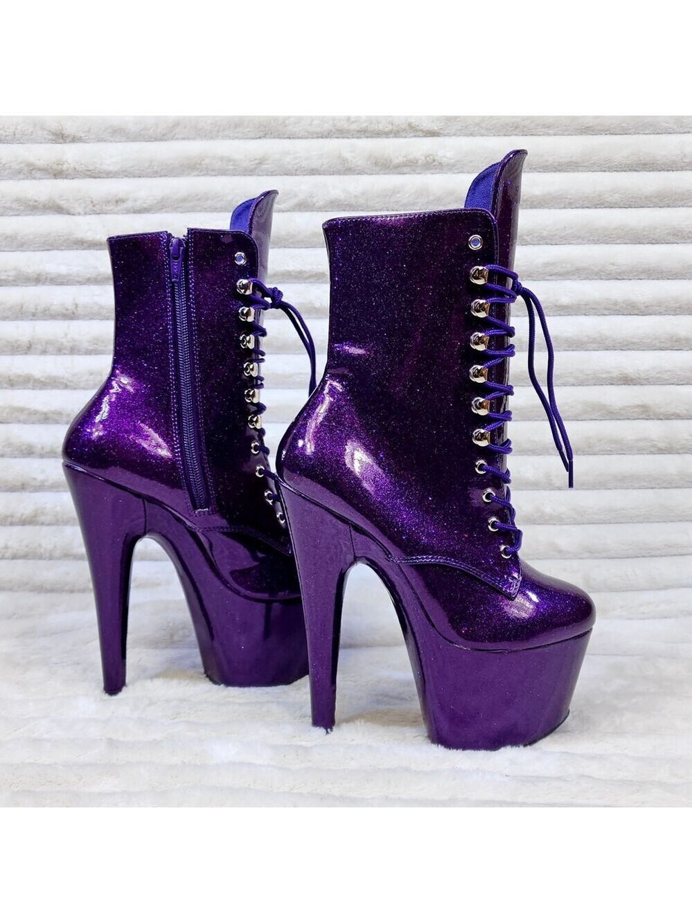 NIB Adore 1020GP Purple Glitter Patent 7" High Heel Platform Ankle Boots - Picture 3 of 12